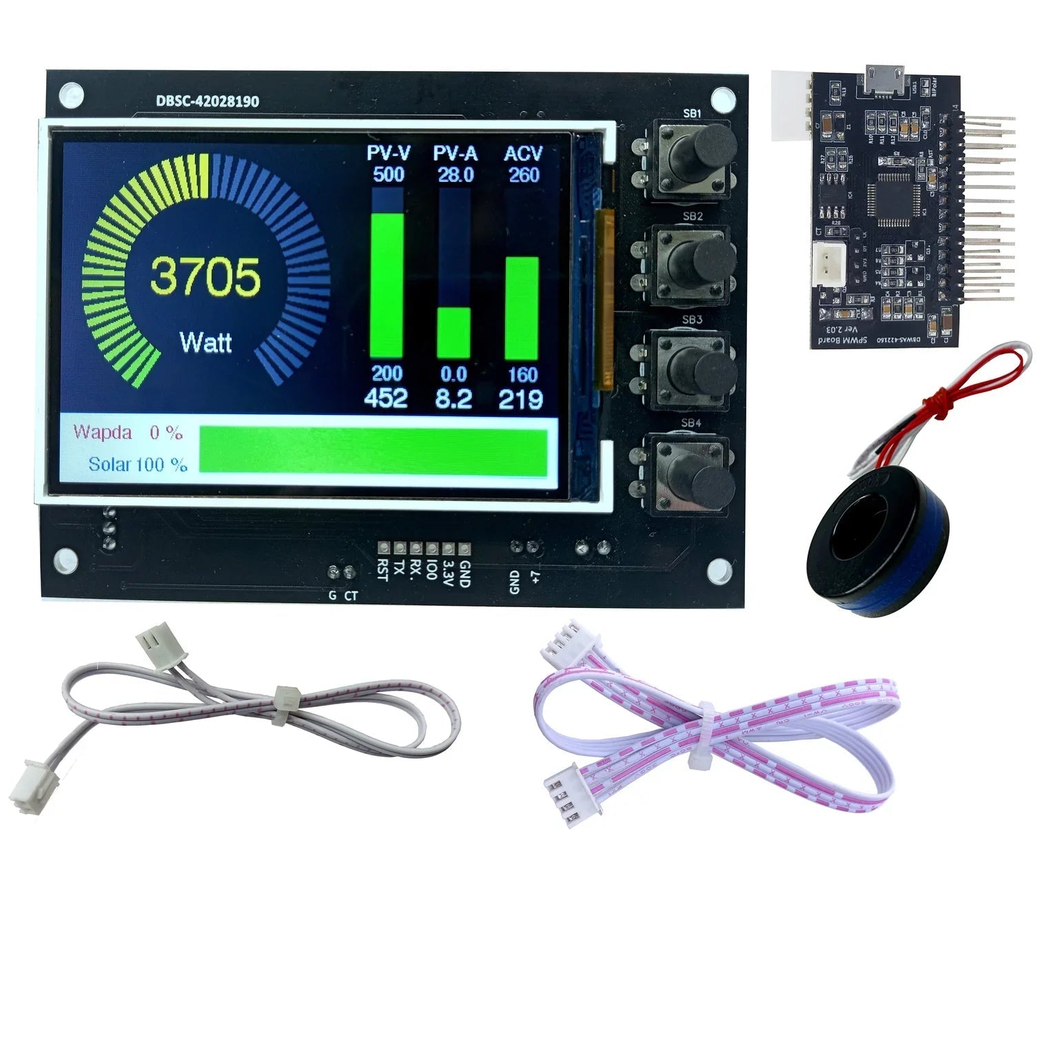 STM Sinewave Inverter Drive Module (Grid Sharig) + CT + 3.5" TFT Display + Cable - with a 3.5" TFT display showing power data, a control board, a current transformer, and two ribbon cables.