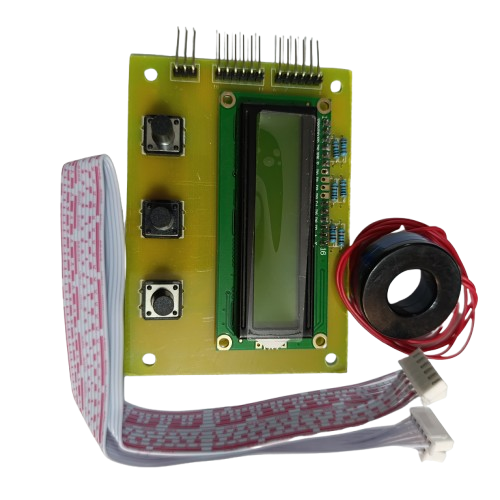 STM Sinewave Inverter Drive Module (Grid Sharing) + CT + 1602 LCD dislay board + Cable Set - with a green 1602 LCD display, three push buttons, a current transformer, and two ribbon cables on a yellow PCB.