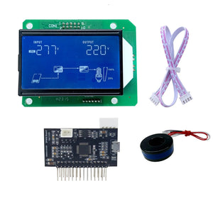 STM Sinewave Inverter Drive Module (Grid Sharing) + CT + Hybrid Style Display Board IDM-7 - a blue LCD display, a black circuit board, a CT sensor, and a cable.