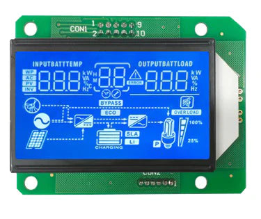 STM Sinewave Inverter Drive Module (Grid Sharing) + CT + Hybrid Style Display Board IDM-7 - a rectangular green circuit board with a blue backlit LCD screen displaying icons.