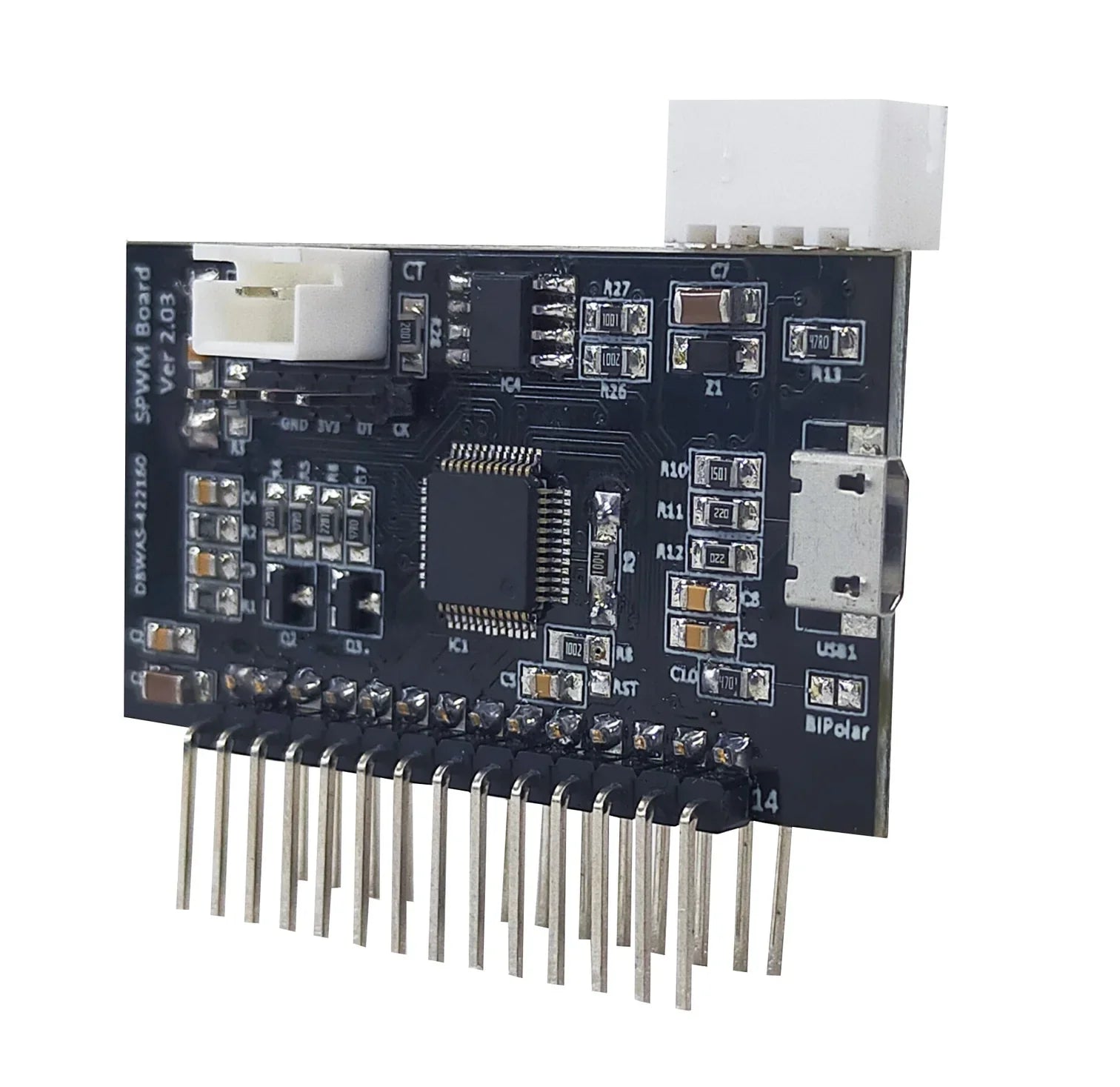 STM Sinewave Inverter Drive Module (Grid Sharing) + CT + Hybrid Style Display Board IDM-7 - a black circuit board with a white connector, a micro USB port, and a row of metal pins along the bottom edge.
