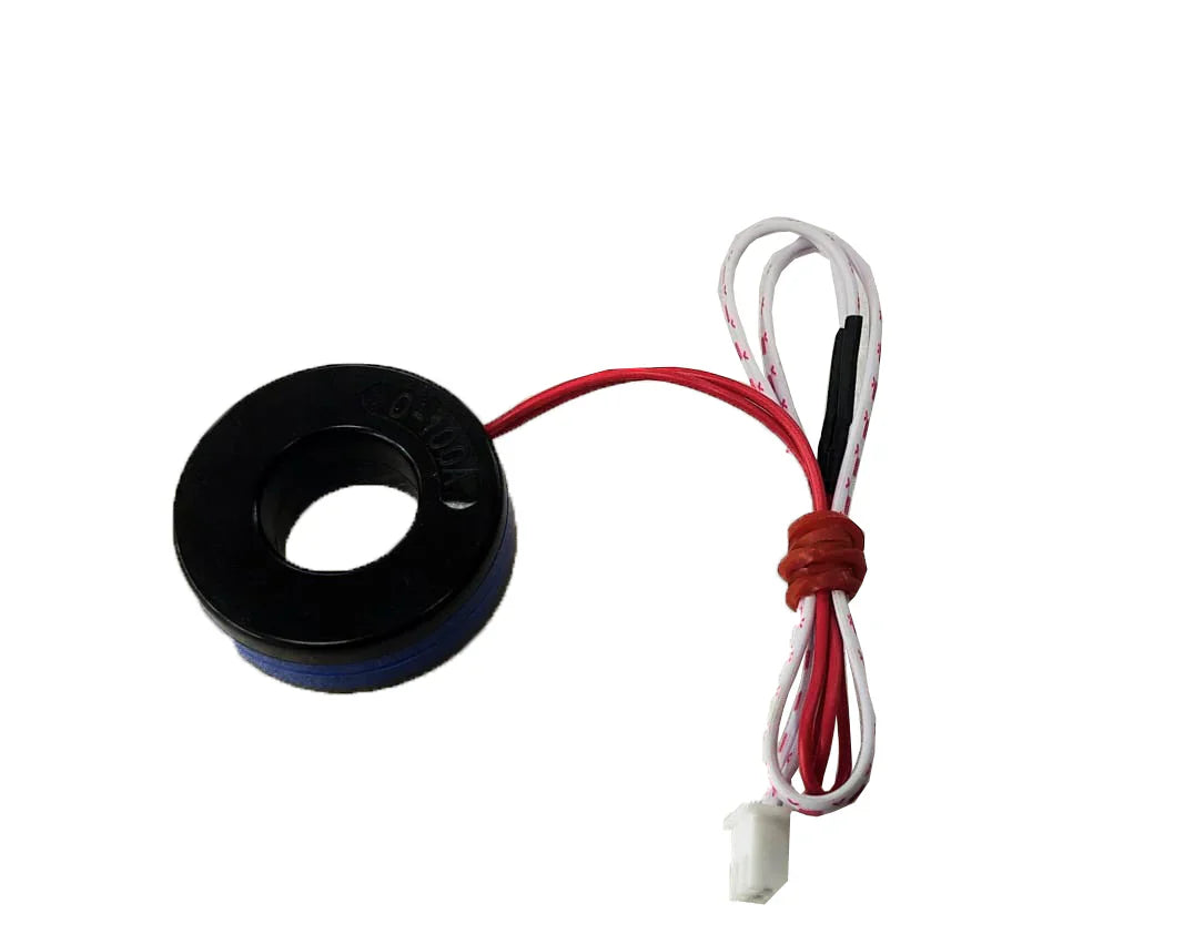 STM Sinewave Inverter Drive Module (Grid Sharing) + CT + Hybrid Style Display Board IDM-7 - a black circular current transformer with red and white wires ending in a small white connector.