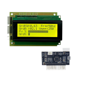 STM Sinewave Inverter Drive Module (Grid Sharing) + CT + LCD 20x4 display board + cable set - a 20x4 LCD displaying grid data and a black circuit board with a micro-USB port and pin headers.