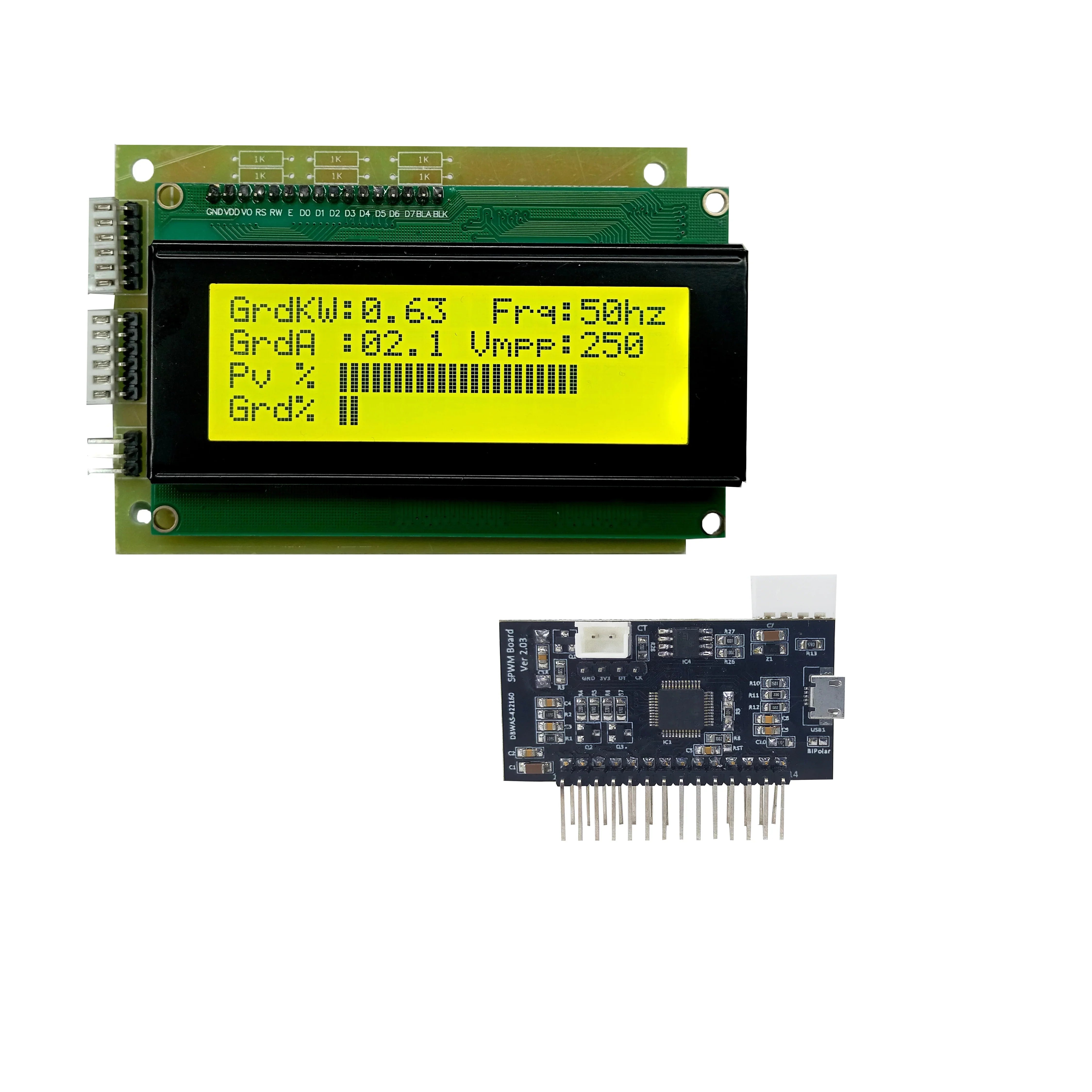 STM Sinewave Inverter Drive Module (Grid Sharing) + CT + LCD 20x4 display board + cable set - a 20x4 LCD displaying grid data and a black circuit board with a micro-USB port and pin headers.
