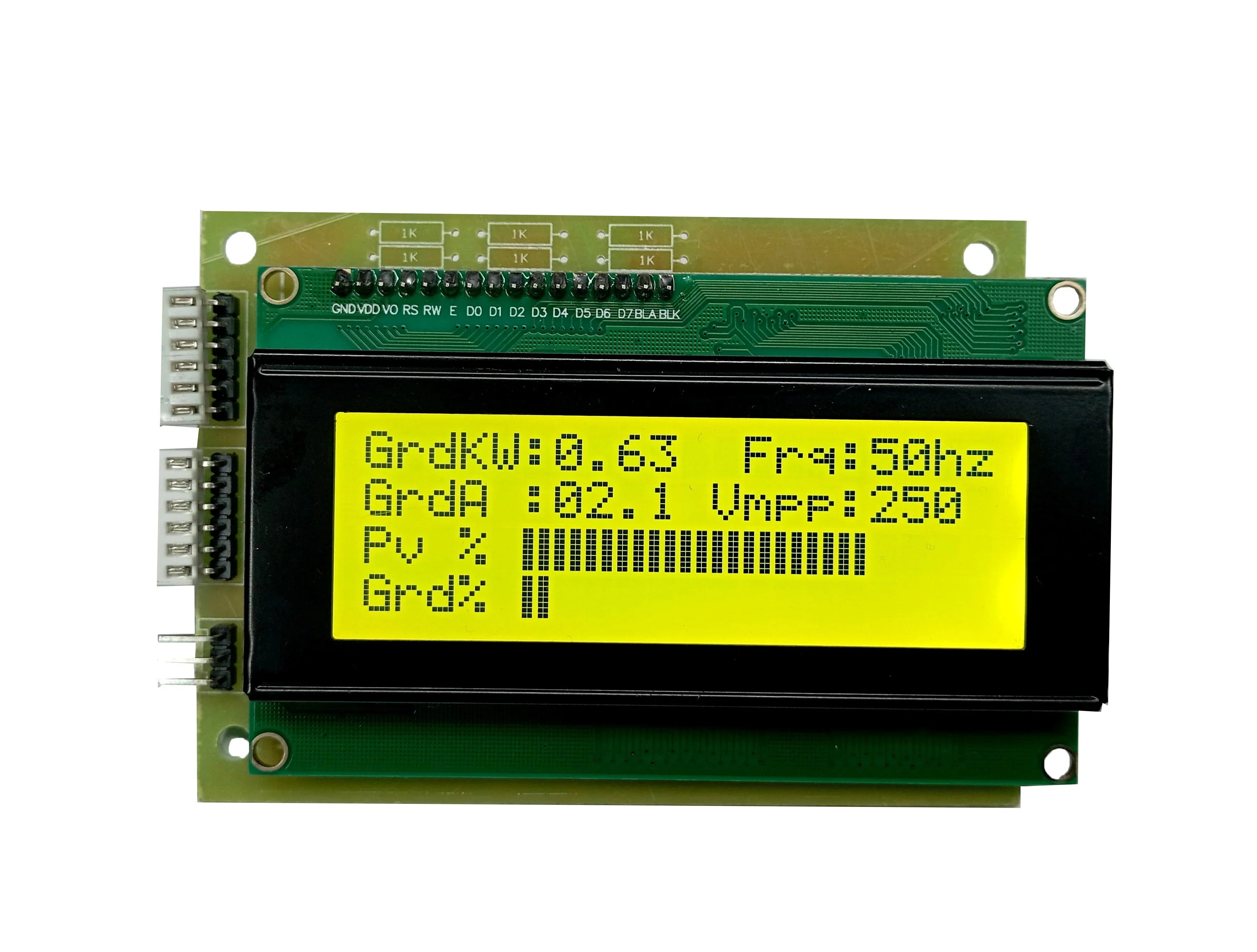 STM Sinewave Inverter Drive Module (Grid Sharing) + CT + LCD 20x4 display board + cable set - a green circuit board with a yellow 20x4 LCD screen displaying grid power, frequency, and voltage data.
