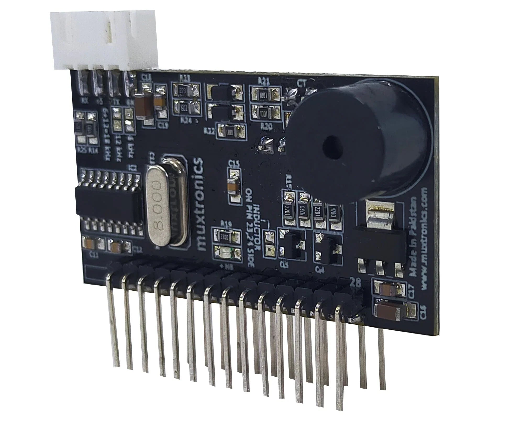 STM Sinewave Inverter Drive Module (Grid Sharing) + CT + LCD 20x4 display board + cable set - a black rectangular circuit board with a white connector, a buzzer, a crystal oscillator, and a row of header pins.