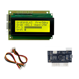STM Sinewave Inverter Drive Module (Grid Sharing) + CT + LCD 20x4 display board + cable set - a green LCD board displaying electrical data, a black SPWM controller board with USB port, and a cable set.