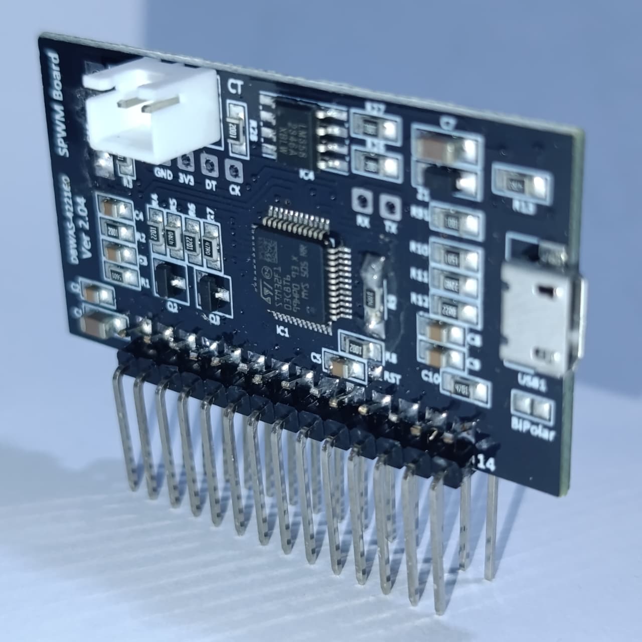 STM Sinewave Inverter Drive Module Grid Sharing With CT - black rectangular circuit board with a micro-USB port, a white connector, and header pins.