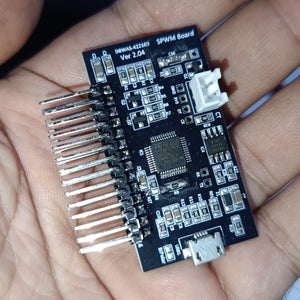 STM Sinewave Inverter Drive Module Grid Sharing With CT - held in a hand, showing a black circuit board with a micro-USB port, pins, and connectors.
