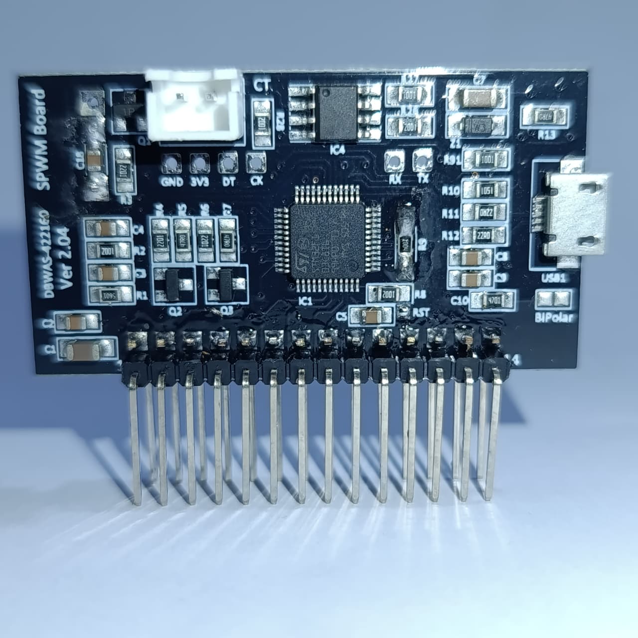 STM Sinewave Inverter Drive Module Grid Sharing With CT - black rectangular PCB with a micro-USB port, pin headers, and various surface-mount components.