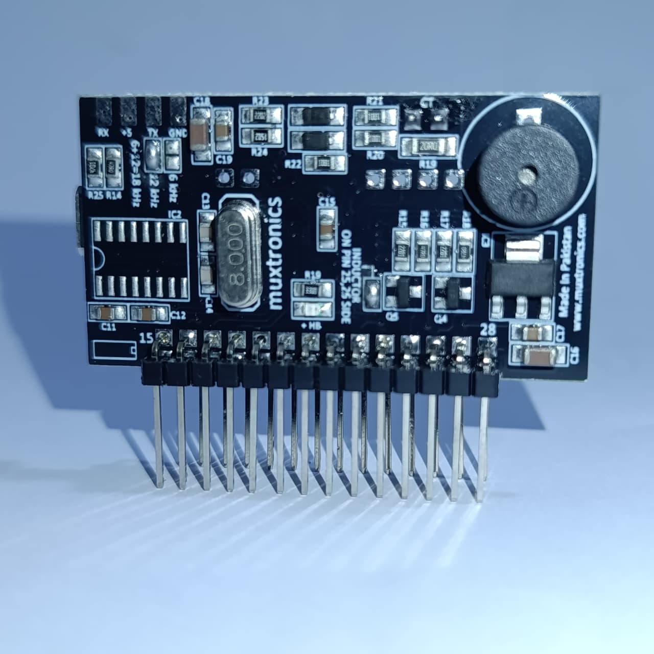 STM Sinewave Inverter Drive Module Grid Sharing With CT - black rectangular circuit board with a header pin array, an 8.000 crystal, and a buzzer.