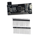 STM Sinewave Inverter Drive Module Pin to pin replacement for DSPIC30F2010 - SPWM Board Ver 1.04, a small black PCB with a QFP microcontroller, micro-USB port and labelled header pads, shown above two loose strips of pin headers.