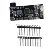 STM Sinewave Inverter Drive Module Pin to pin replacement for DSPIC30F2010 - SPWM Board Ver 1.04, a small black PCB with a QFP microcontroller, micro-USB port and labelled header pads, shown above two loose strips of pin headers.