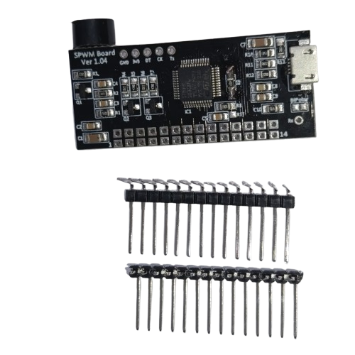 STM Sinewave Inverter Drive Module Pin to pin replacement for DSPIC30F2010 - SPWM Board Ver 1.04, a small black PCB with a QFP microcontroller, micro-USB port and labelled header pads, shown above two loose strips of pin headers.