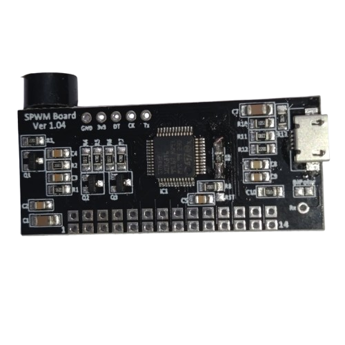 STM Sinewave Inverter Drive Module Pin to pin replacement for DSPIC30F2010 - a black rectangular circuit board featuring a central microcontroller, a micro-USB port, and a row of pin headers.