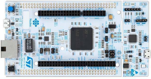 STM32 by ST NUCLEO-F756 STM32 Nucleo-144 Development Board with STM32F756 MCU - a rectangular white circuit board featuring a central microcontroller, black pin headers, Ethernet port, and buttons.