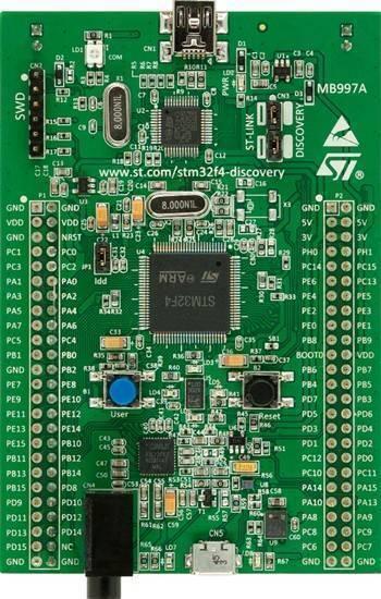 STM32F4 STM32F407 Discovery Kit Arm Cortex-M4 Development Board - a green rectangular development board featuring a central microcontroller, two buttons, USB ports, and pin headers.