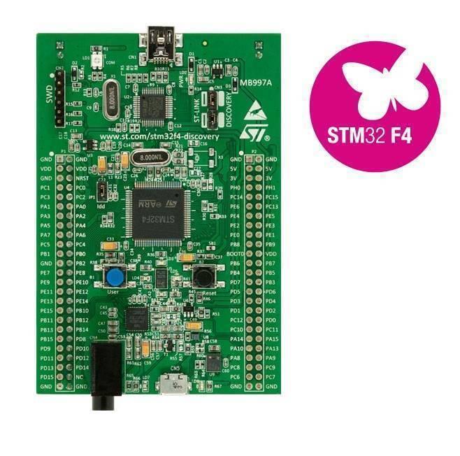 STM32F4 STM32F407 Discovery Kit Arm Cortex-M4 Development Board - a green rectangular circuit board with a central processor, USB ports, buttons, and multiple pin headers.