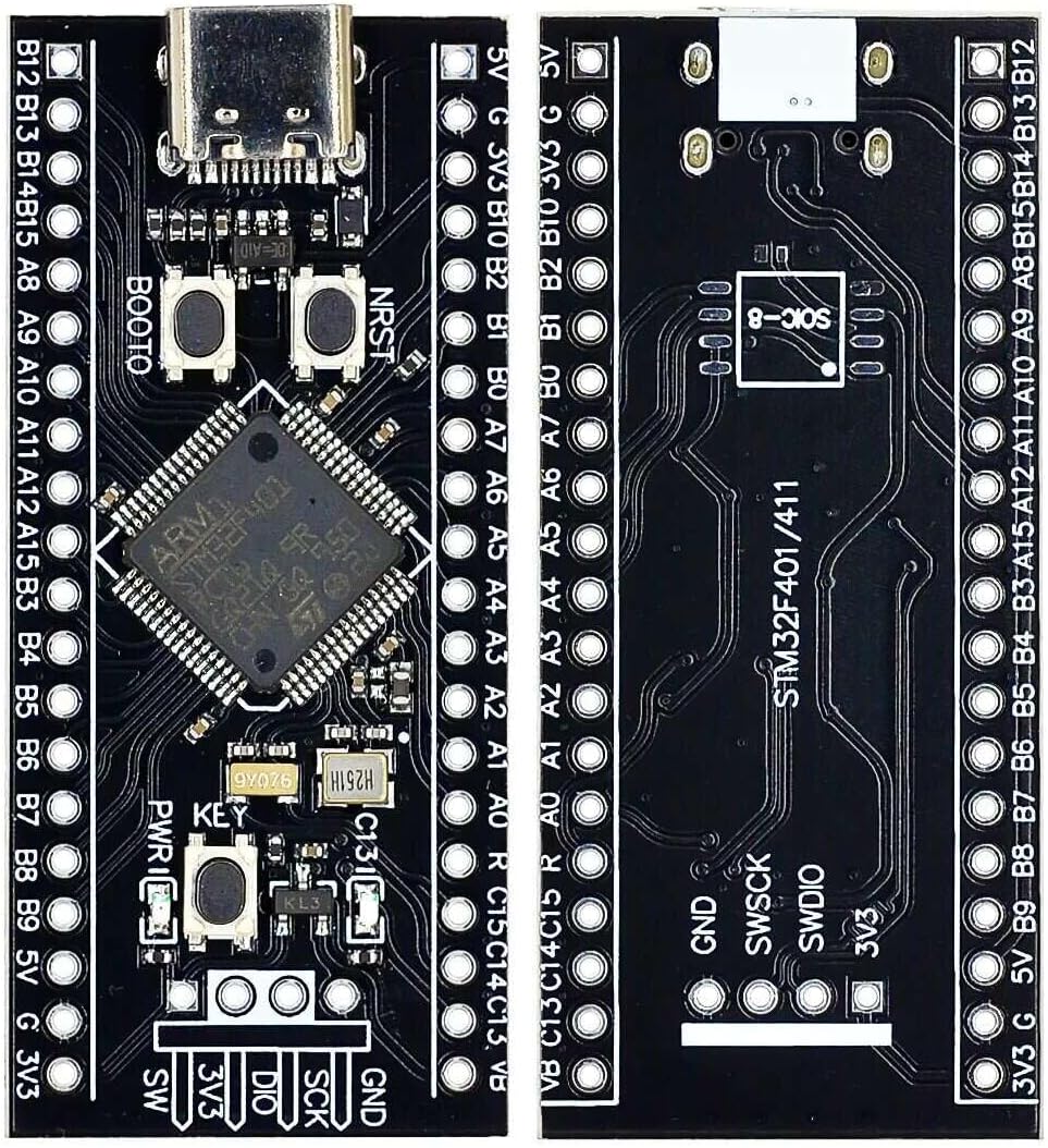 STM32F401RCT6 Development Board ( Black Pill) - USB Connectivity PRICE - the front and back of the black PCB with a USB-C port, two buttons, and labeled pin headers.