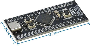 STM32F401RCT6 Development Board ( Black Pill) - USB Connectivity PRICE - the black circuit board with a USB-C port, two buttons, and dimension lines indicating 53.7mm by 24.3mm.