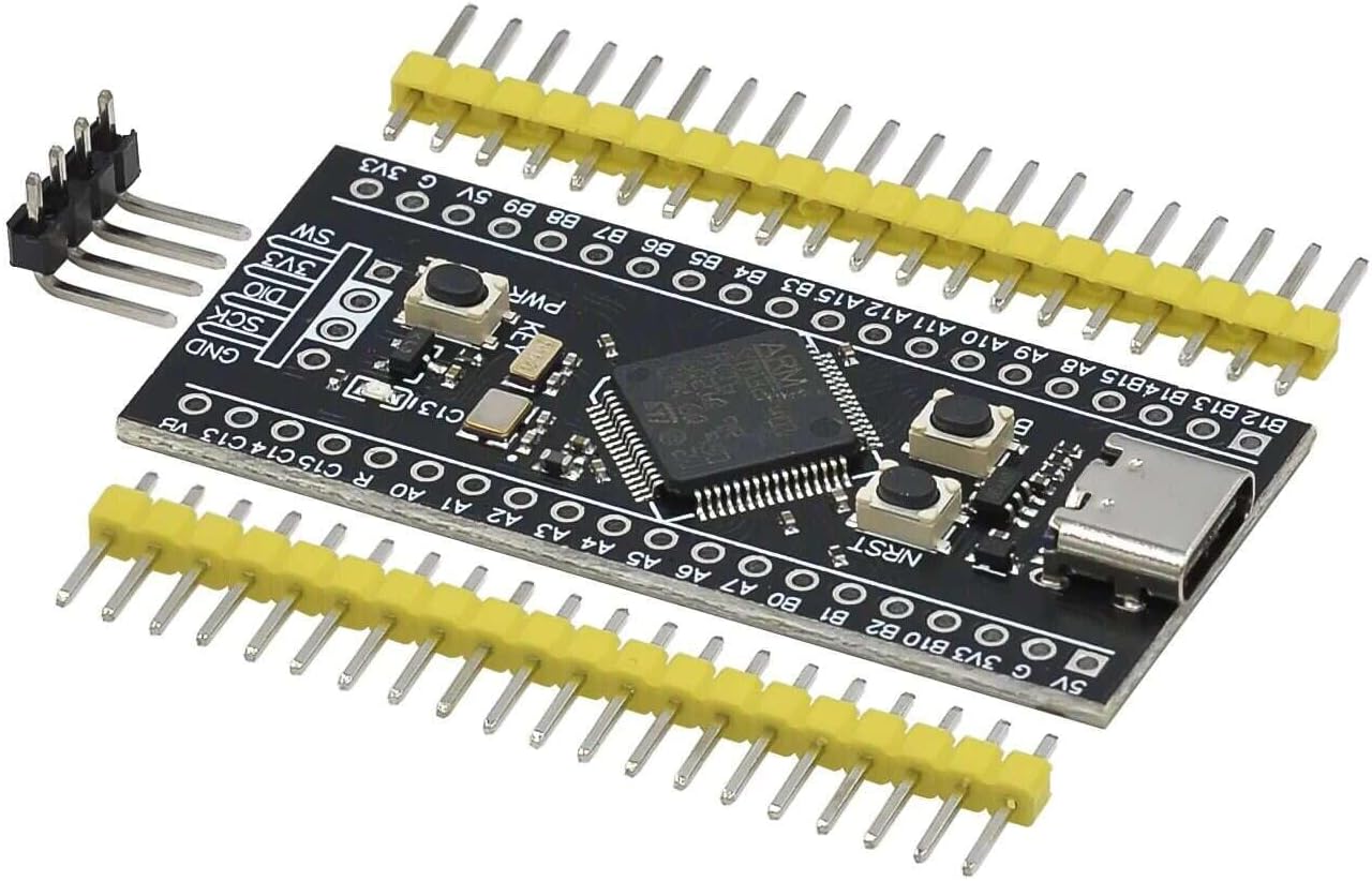STM32F401RCT6 Development Board ( Black Pill) - USB Connectivity PRICE - rectangular circuit board with a USB-C port, two buttons, and two rows of yellow header pins.