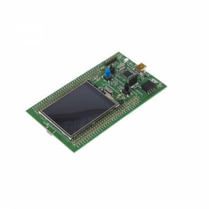 STM32F429 439 Arm Cortex M4 Development Kit - a green rectangular circuit board featuring a black display screen, a blue button, and a USB connector.