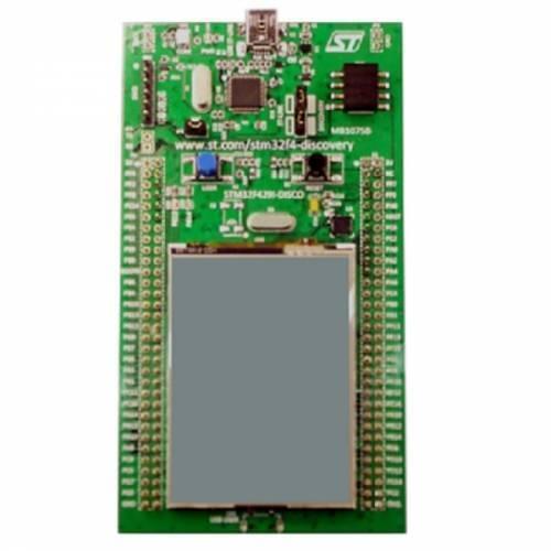 STM32F429 439 Arm Cortex M4 Development Kit - a green rectangular circuit board featuring a large central screen, a top USB port, and side pin headers.