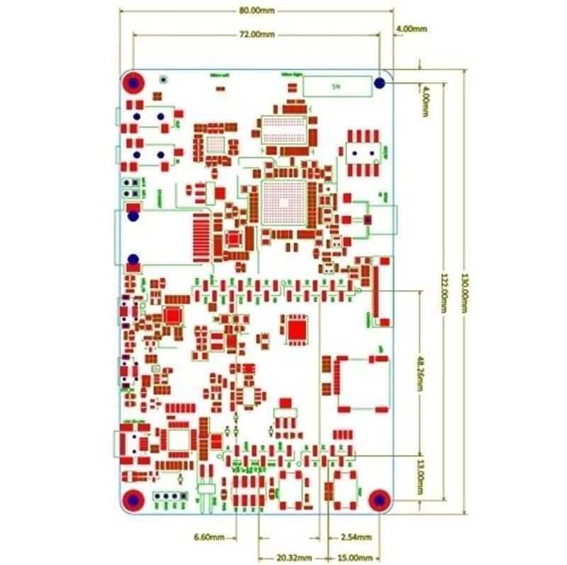 STM32F746G Disco Discovery Board Kit - a technical dimension diagram showing the top-down layout and mounting hole measurements of the circuit board.