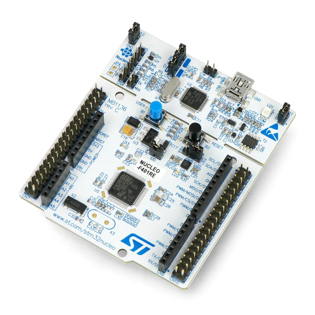 STMicroelectronics NUCLEO-F401RE STM32 Nucleo-64 Development Board with STM32F401RE MCU, USB, ST Morpho Connectivity, On-Board ST-LINK/V2-1 Debugger/ Programmer - a white rectangular PCB featuring a central black microcontroller, USB port, buttons, and pin headers.