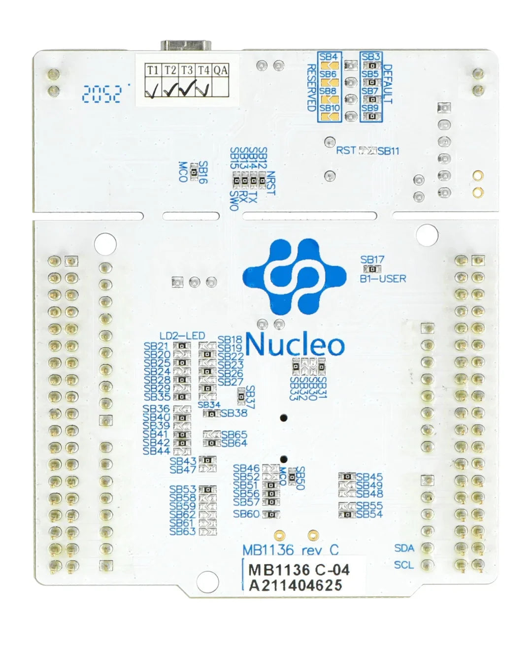 STMicroelectronics NUCLEO-F401RE STM32 Nucleo-64 Development Board with STM32F401RE MCU, USB, ST Morpho Connectivity, On-Board ST-LINK/V2-1 Debugger/ Programmer - a white rectangular circuit board featuring numerous labeled solder bridges and pin headers.