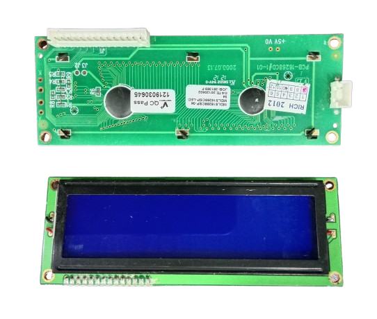 Stock Lot 16x2 Blue/Green LCD in USED CONDITION - shown from front and back, featuring a blue display screen, green circuit board, and white connectors.