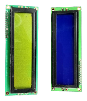 Stock Lot 16x2 Blue/Green LCD in USED CONDITION - two rectangular LCD modules, one with a yellow-green screen and one with a blue screen.