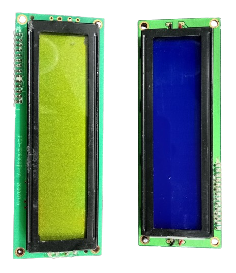 Stock Lot 16x2 Blue/Green LCD in USED CONDITION - two rectangular LCD modules, one with a yellow-green screen and one with a blue screen.
