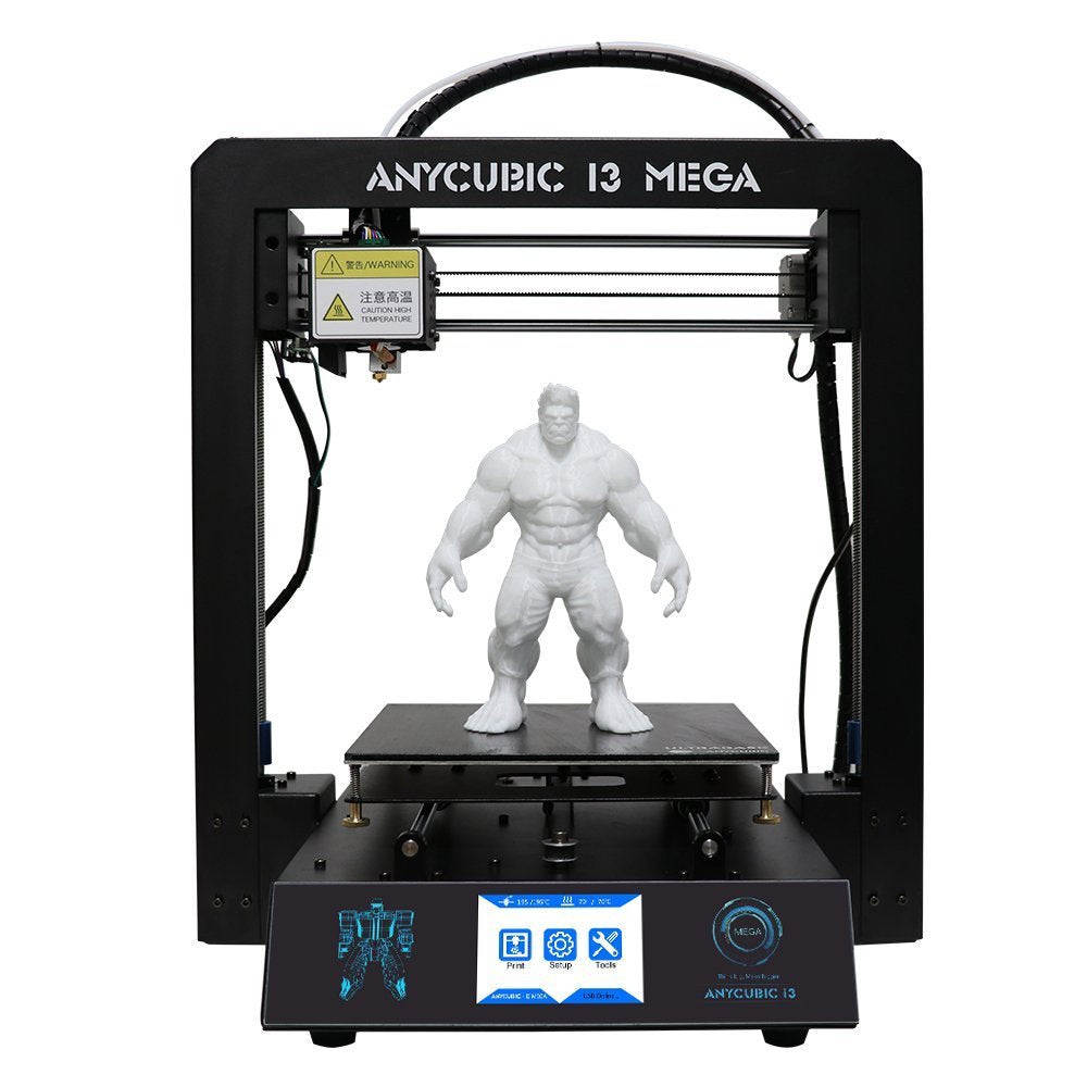 Stock Lot Assembled Anycubic Full Metal I3 Mega 3D Printer with Ultrabase Heatbed and 3.5 Inch Touch Screen - a black metal frame machine with a white Hulk figurine on the heated bed and a 3.5-inch touchscreen showing menu icons.