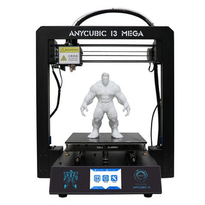 Stock Lot Assembled Anycubic Full Metal I3 Mega 3D Printer with Ultrabase Heatbed and 3.5 Inch Touch Screen - a black metal frame machine with a white Hulk figurine on the heated bed and a 3.5-inch touchscreen showing menu icons.