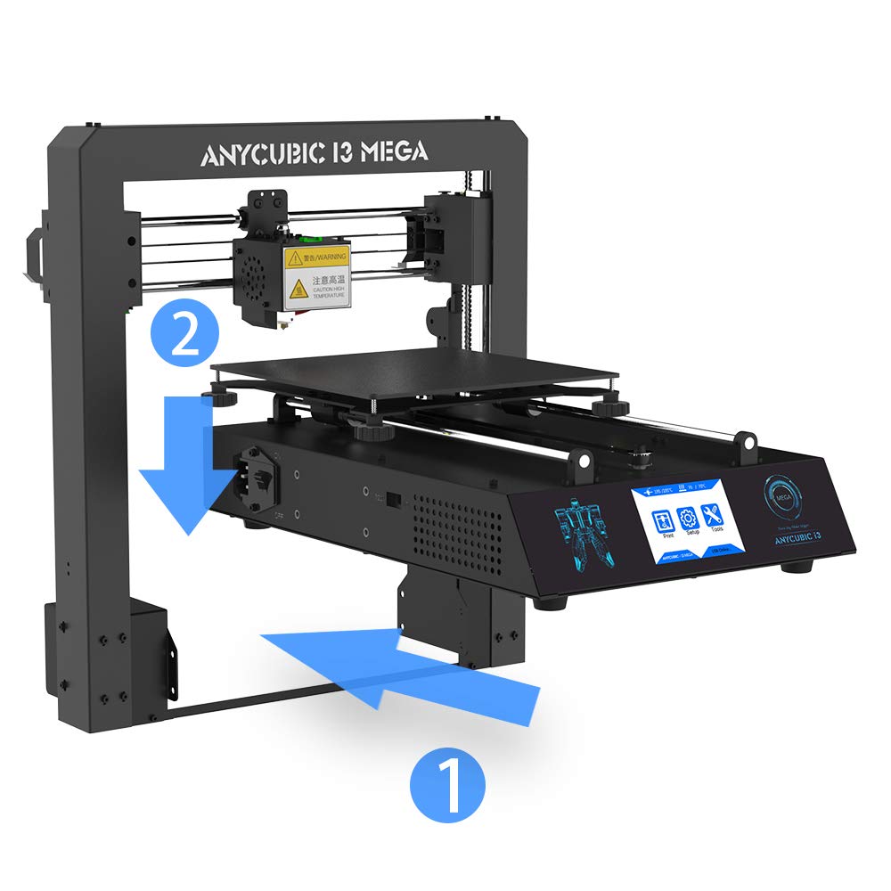 Stock Lot Assembled Anycubic Full Metal I3 Mega 3D Printer with Ultrabase Heatbed and 3.5 Inch Touch Screen - a black metal frame machine with a print head, heatbed, and a touch screen display showing menu icons and temperature data.