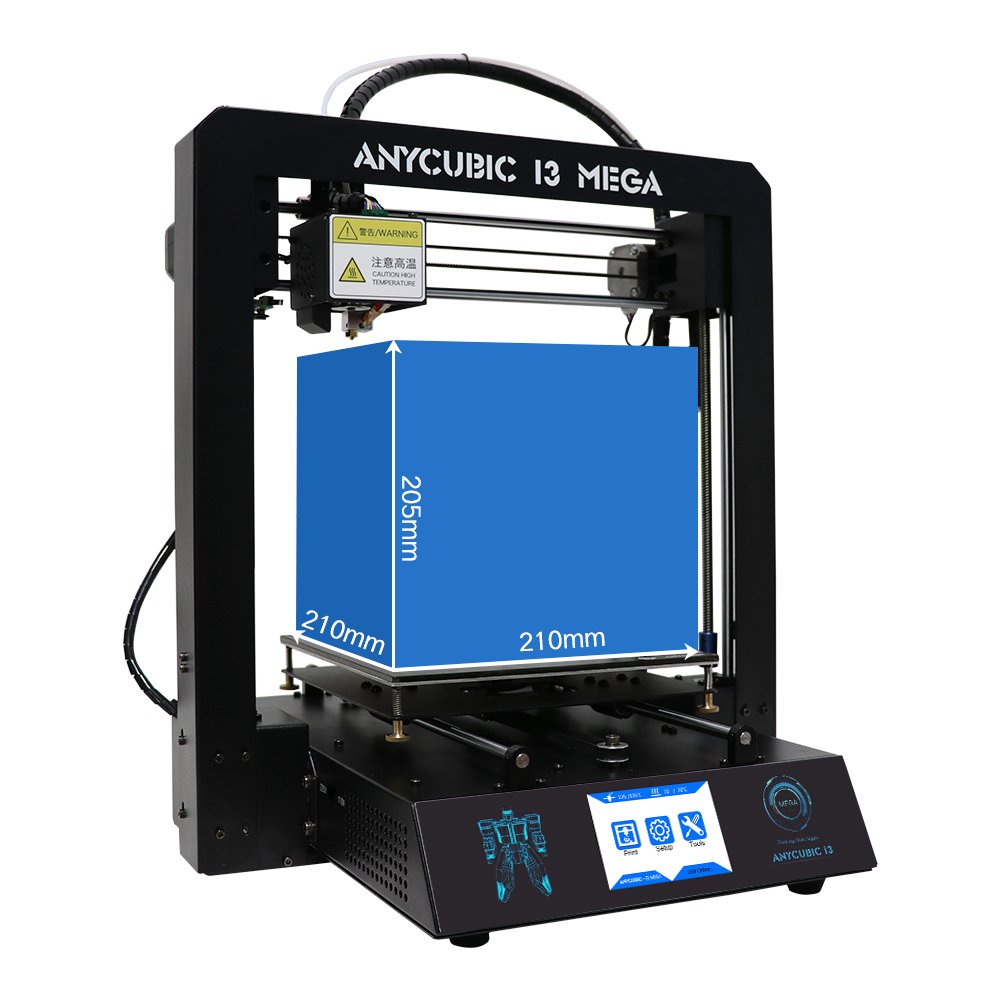 Stock Lot Assembled Anycubic Full Metal I3 Mega 3D Printer with Ultrabase Heatbed and 3.5 Inch Touch Screen - a black metal frame machine with a blue digital cube overlay showing 210mm by 205mm dimensions and a front touch screen display.