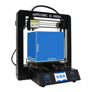 Stock Lot Assembled Anycubic Full Metal I3 Mega 3D Printer with Ultrabase Heatbed and 3.5 Inch Touch Screen - a black metal frame machine with a blue digital cube overlay showing 210mm by 205mm dimensions and a front touch screen display.