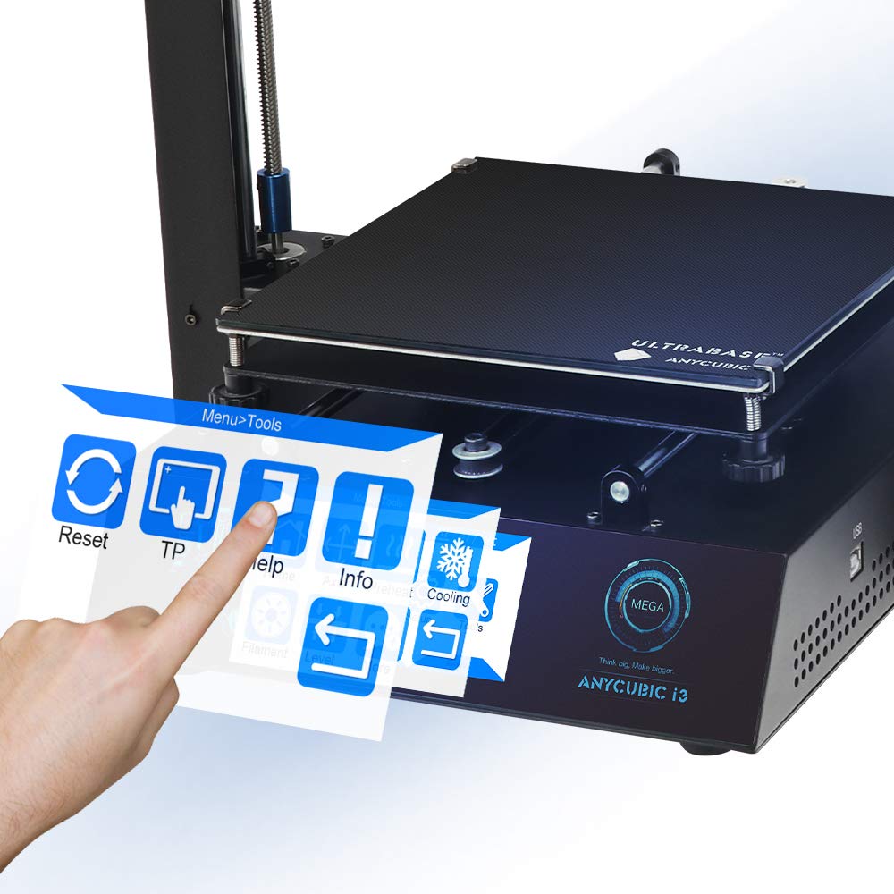 Stock Lot Assembled Anycubic Full Metal I3 Mega 3D Printer with Ultrabase Heatbed and 3.5 Inch Touch Screen - a hand touching the 3.5-inch touchscreen display with a menu of icons including Reset, TP, and Cooling.