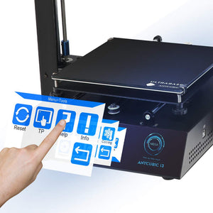 Stock Lot Assembled Anycubic Full Metal I3 Mega 3D Printer with Ultrabase Heatbed and 3.5 Inch Touch Screen - a hand touching the 3.5-inch touchscreen display with a menu of icons including Reset, TP, and Cooling.