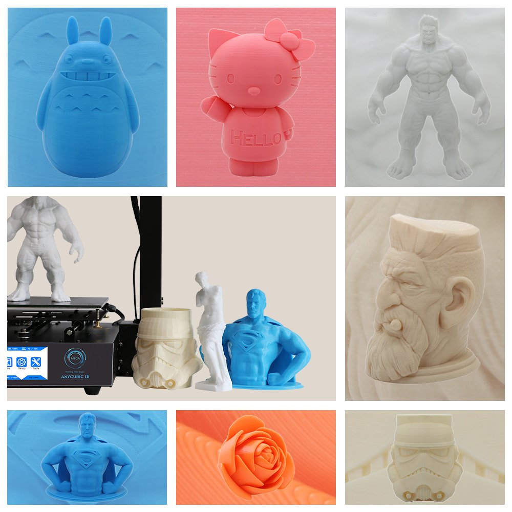 Stock Lot Assembled Anycubic Full Metal I3 Mega 3D Printer with Ultrabase Heatbed and 3.5 Inch Touch Screen - shown with a 3.5-inch touch screen displaying icons and a collection of various 3D-printed plastic figurines.