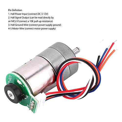 Stock lot DC Motor 3-12V 64RPM 1:110 Reduction Ratio Full Metal Gear Motor With Encoder – Precision Motion Control - a silver cylindrical motor with a green PCB and five wires.
