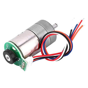 Stock lot DC Motor 3-12V 64RPM 1:110 Reduction Ratio Full Metal Gear Motor With Encoder – Precision Motion Control - a cylindrical metal motor with a green PCB and wire harness.