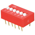 stock lot NT 06 DIP switch, vertical, 6-pin - a red rectangular electronic component with six white sliding switches numbered 1 to 6 and vertical pins on the bottom.
