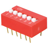 stock lot NT 06 DIP switch, vertical, 6-pin - a red rectangular electronic component with six white sliding switches numbered 1 to 6 and vertical pins on the bottom.