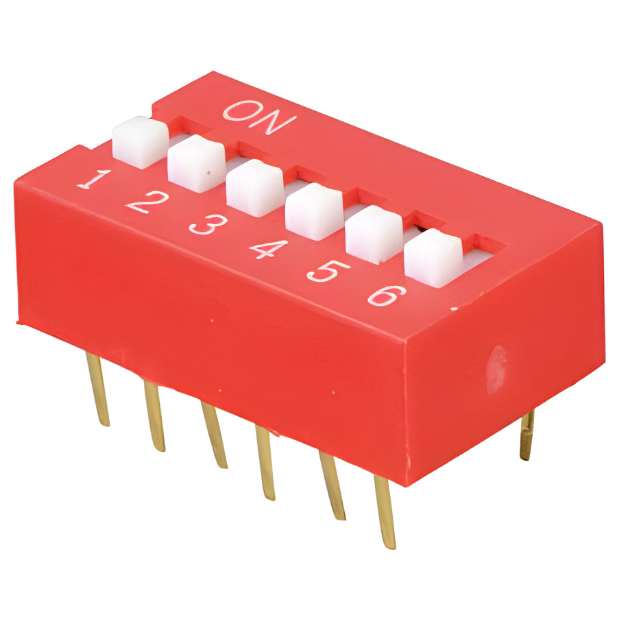 stock lot NT 06 DIP switch, vertical, 6-pin - a red rectangular electronic component with six white sliding switches numbered 1 to 6 and vertical pins on the bottom.