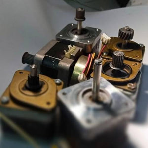 Stock Lot Used A4988 Compatible NEMA 17 Stepper Motor NEMA17 - a collection of five silver and brass-toned stepper motors with attached gears and connectors.