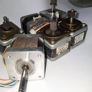 Stock Lot Used A4988 Compatible NEMA 17 Stepper Motor NEMA17 - a group of five silver and black square stepper motors with attached shafts and wiring.