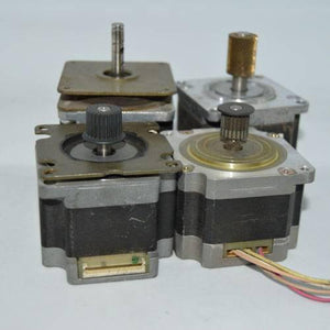 Stock Lot Used Bipolar NEMA 23 Stepper Motor Lot - four silver and black square motors with various shafts, pulleys, and wire connectors attached.