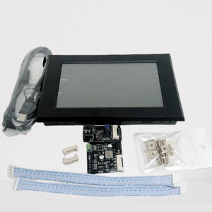 STONE-pantalla LCD TFT with human machine interface, 7 inches LCD - with black bezel, including a controller board, two ribbon cables, a USB cable, and a bag of mounting hardware.